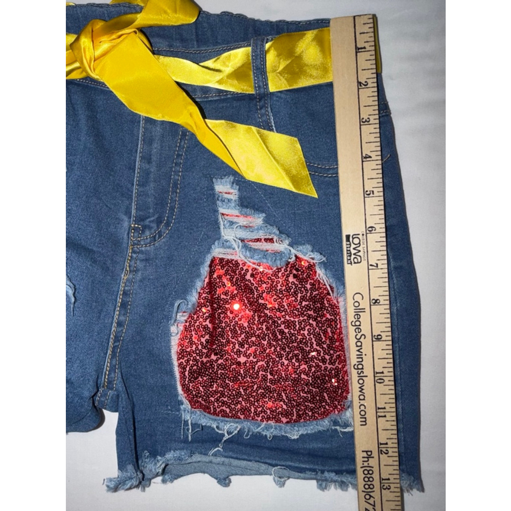 Girls L Distressed Sequin Denim Shorts Yellow Ribbon Belt Adjustable Waist Bling - Picture 4 of 6